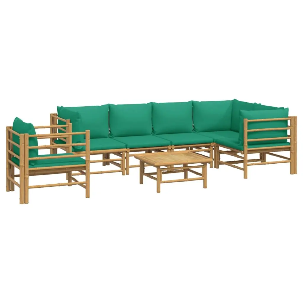 7 Piece Bamboo Garden Lounge Set with Green Cushions