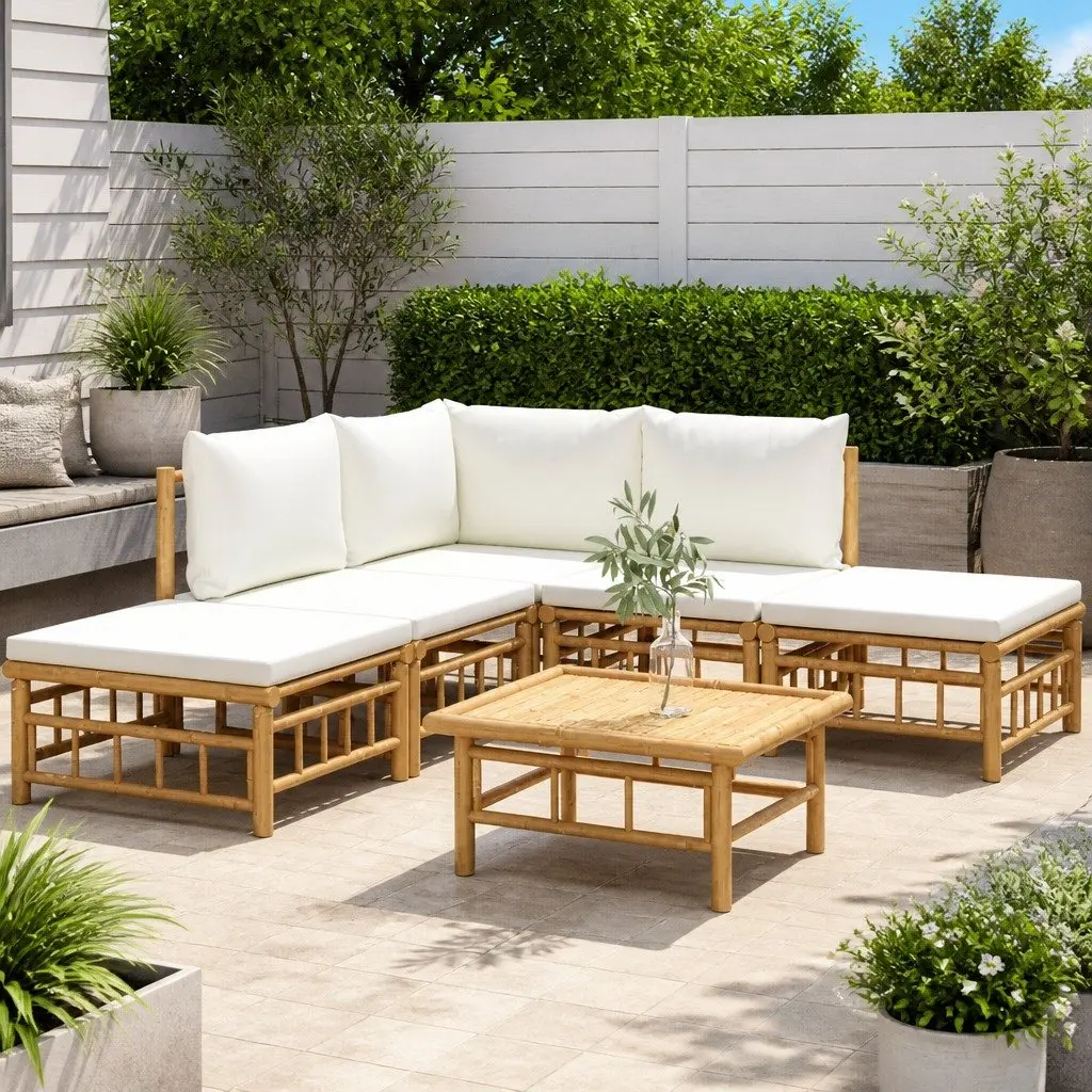 Bamboo Garden Lounge Set 6 Piece Modular Outdoor Furniture with Cushions Brown