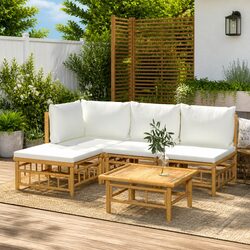 5 Piece Garden Lounge Set Bamboo Outdoor Furniture with Cream Cushions Brown