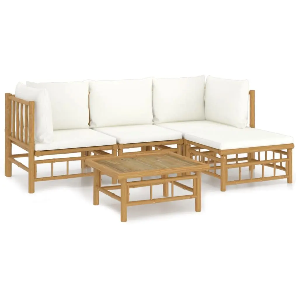 5 Piece Bamboo Garden Lounge Set Outdoor Furniture with Cream Cushions Brown