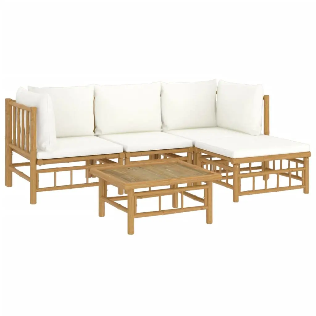 5 Piece Bamboo Garden Lounge Set Outdoor Furniture with Cream Cushions Brown