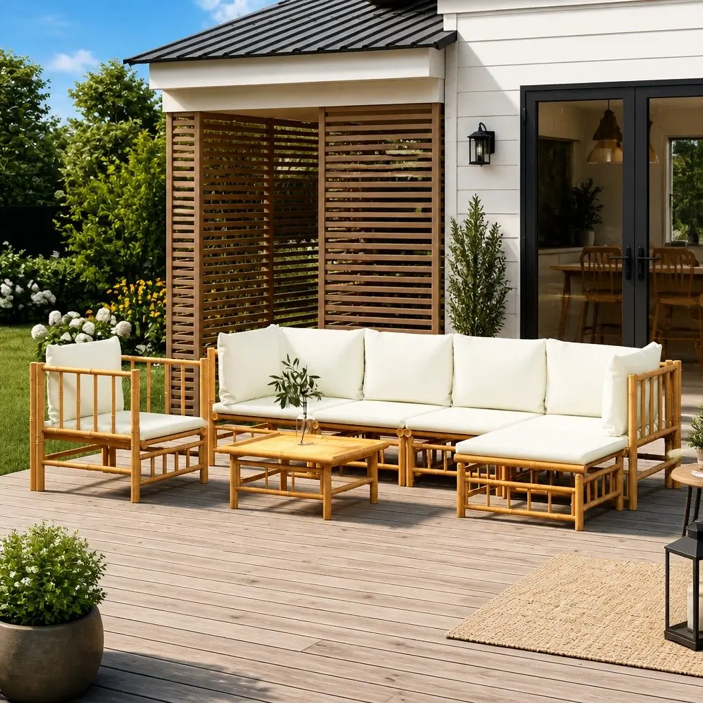 7 Piece Garden Lounge Set Bamboo Outdoor Furniture with Cream Cushions