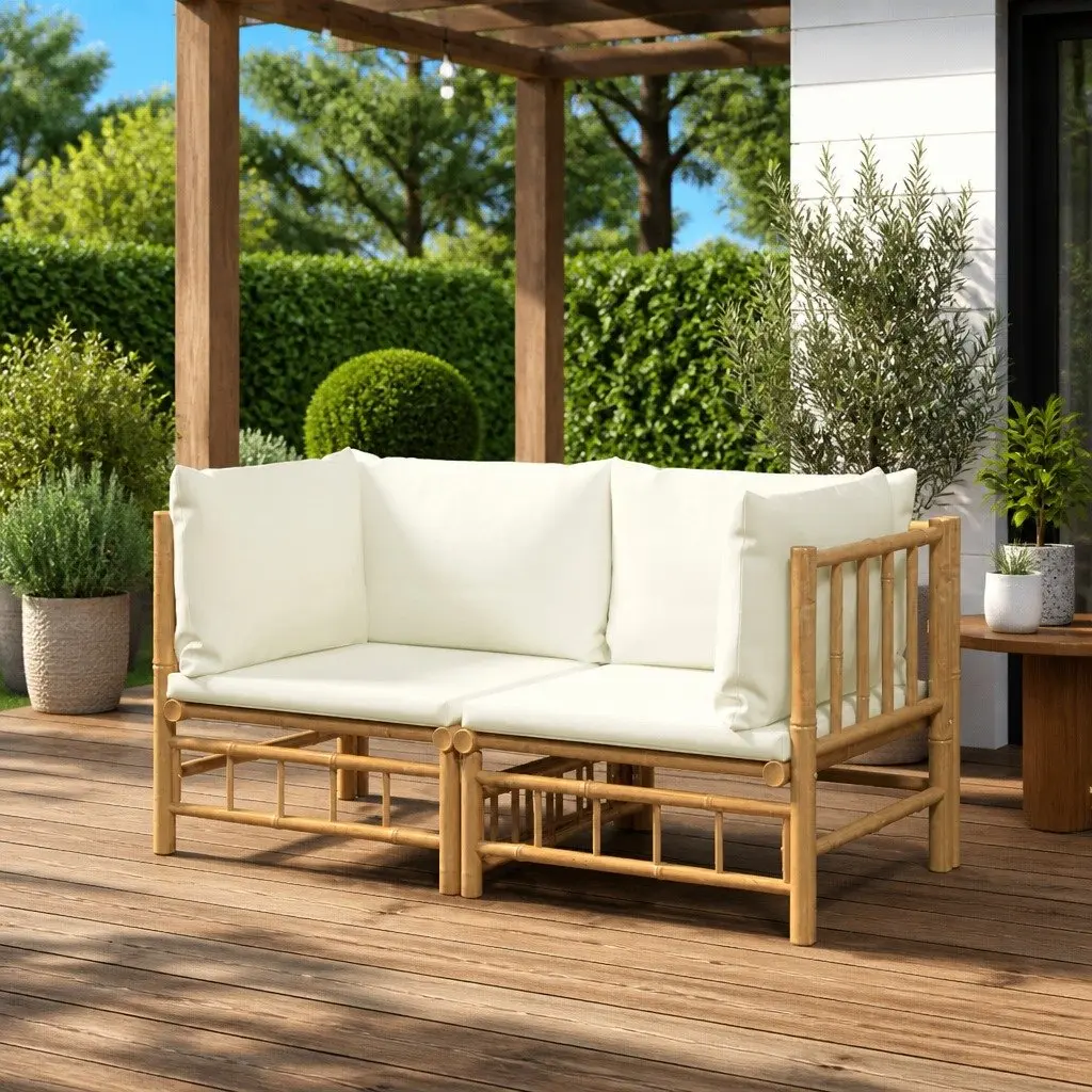 Bamboo Garden Corner Sofa Set 2 Pieces Outdoor Furniture with Cushions