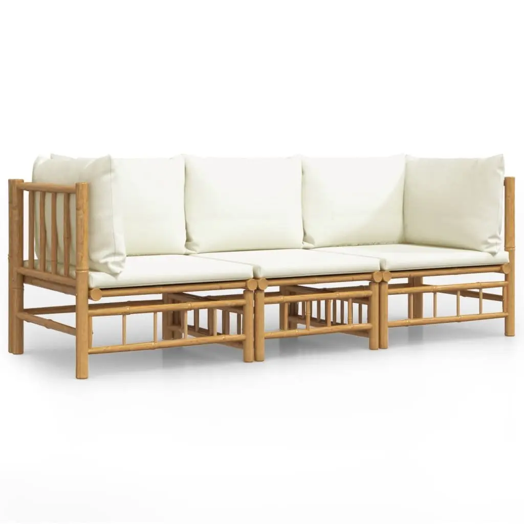 3 Piece Bamboo Garden Lounge Set Modular Outdoor Furniture with Cream Cushions Brown
