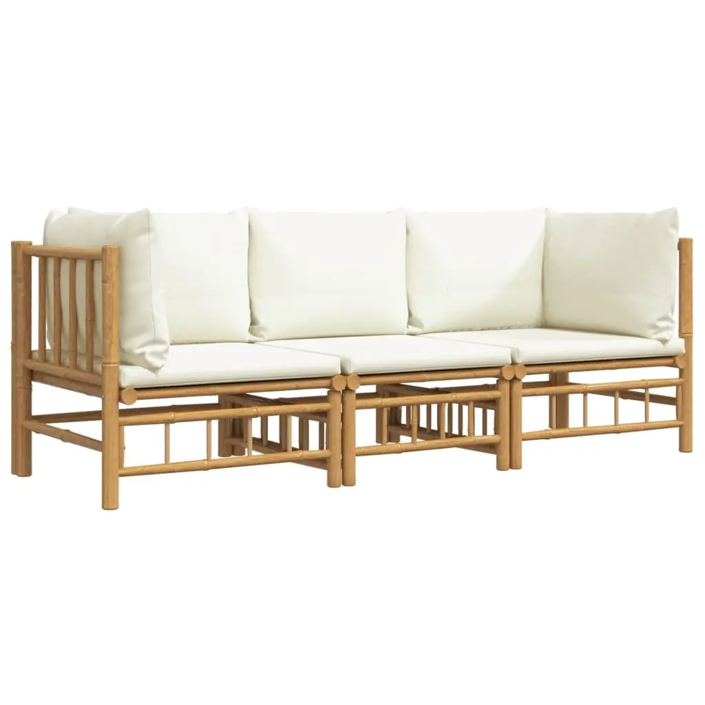 3 Piece Bamboo Garden Lounge Set Modular Outdoor Furniture with Cream Cushions Brown