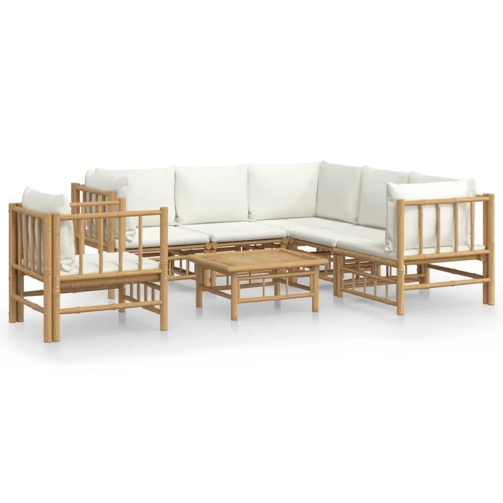 7 Piece Garden Lounge Set Outdoor Bamboo Furniture with Cream White Cushions