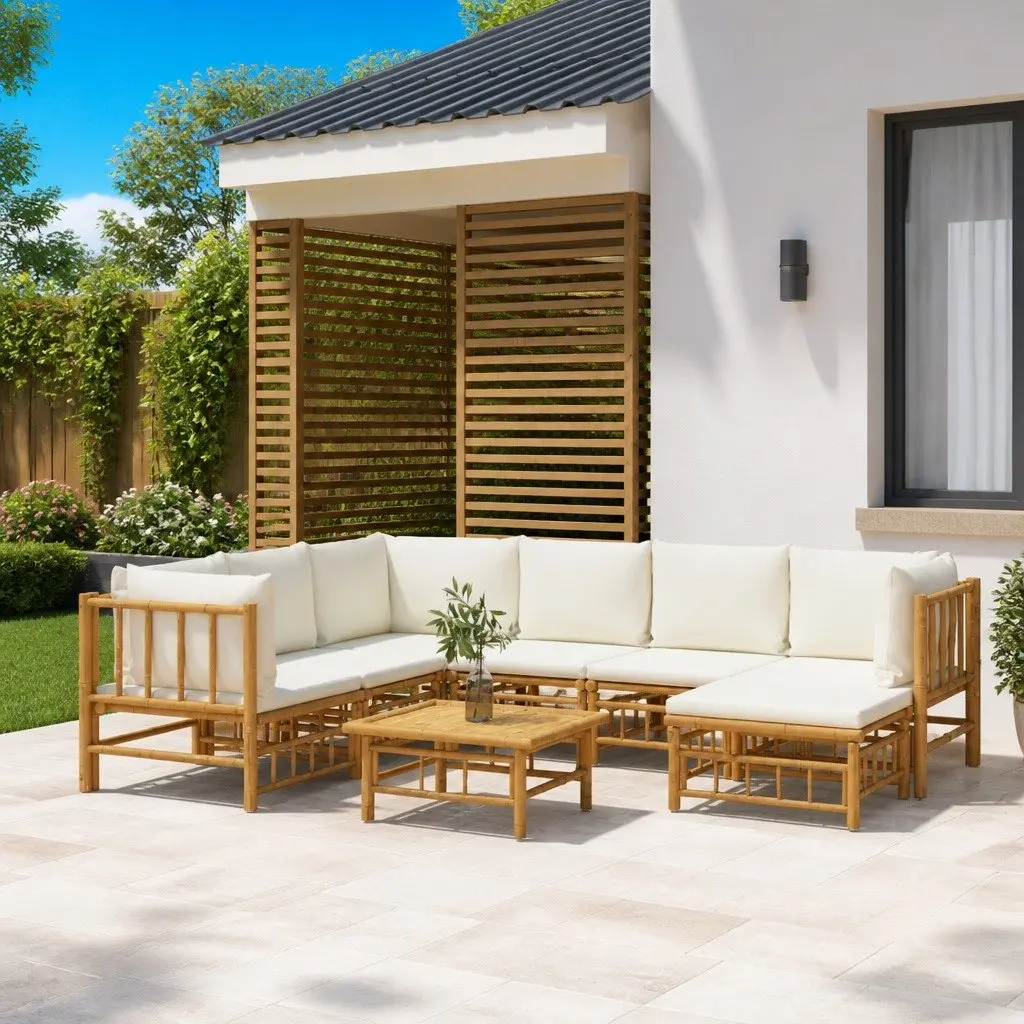 8 Piece Bamboo Garden Lounge Set Outdoor Furniture with Cream Cushions Brown