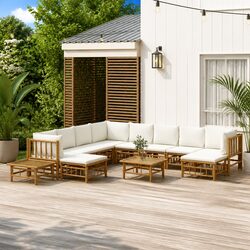 Bamboo Garden Lounge Set 12 Piece Outdoor Furniture with Cream Cushions Brown