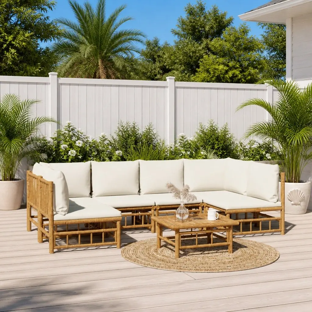 7 Piece Bamboo Garden Lounge Set Outdoor Furniture Cream White Cushions