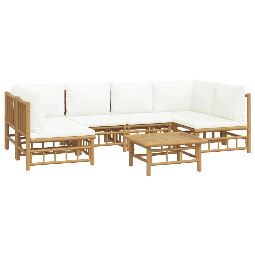 7 Piece Bamboo Garden Lounge Set Outdoor Furniture Cream White Cushions