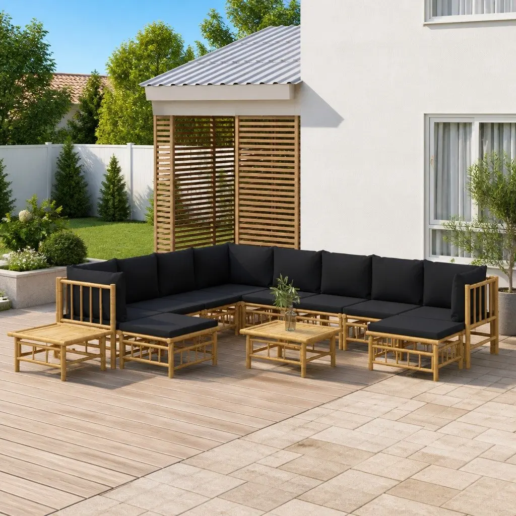 Bamboo Garden Lounge Set 12 Piece Outdoor Furniture with Cushions Brown