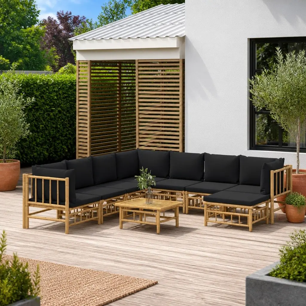9 Piece Modular Outdoor Lounge Set Bamboo with Cushions Brown
