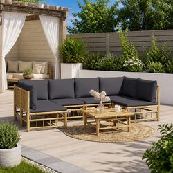 7 Piece Bamboo Garden Lounge Set Outdoor Furniture with Dark Grey Cushions Brown
