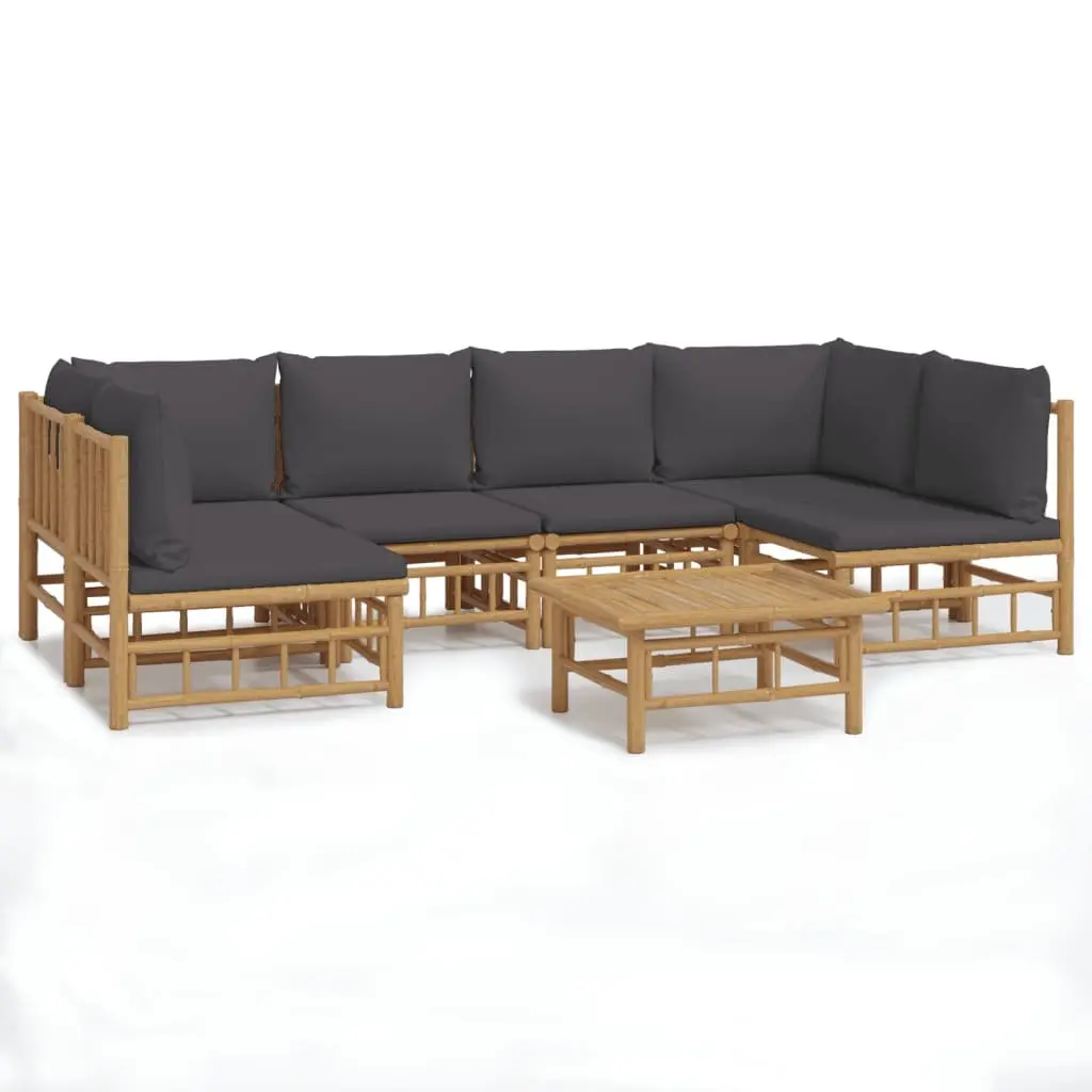 7 Piece Bamboo Garden Lounge Set Outdoor Furniture with Dark Grey Cushions Brown