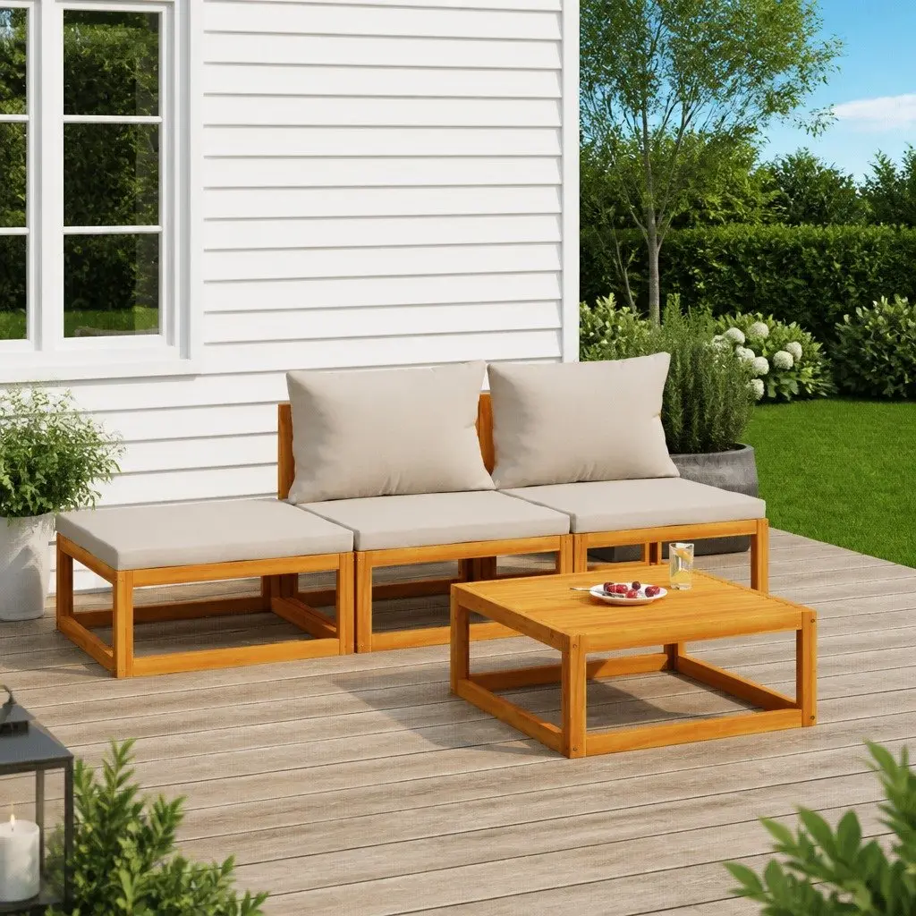 4 Piece Garden Lounge Set Solid Acacia Wood Outdoor Furniture with Cushions