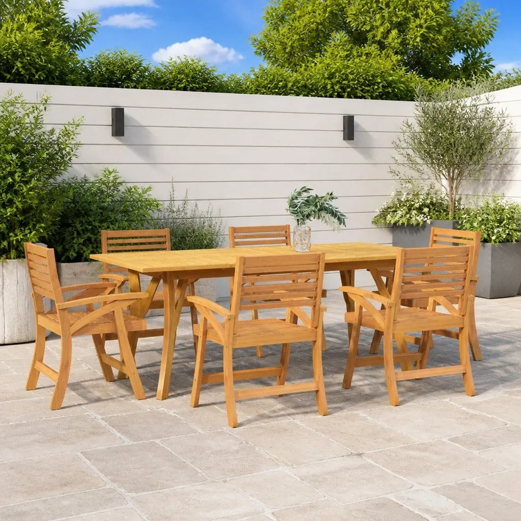 7 Piece Garden Dining Set Solid Acacia Wood Slatted Table with Curved Back Chairs Brown