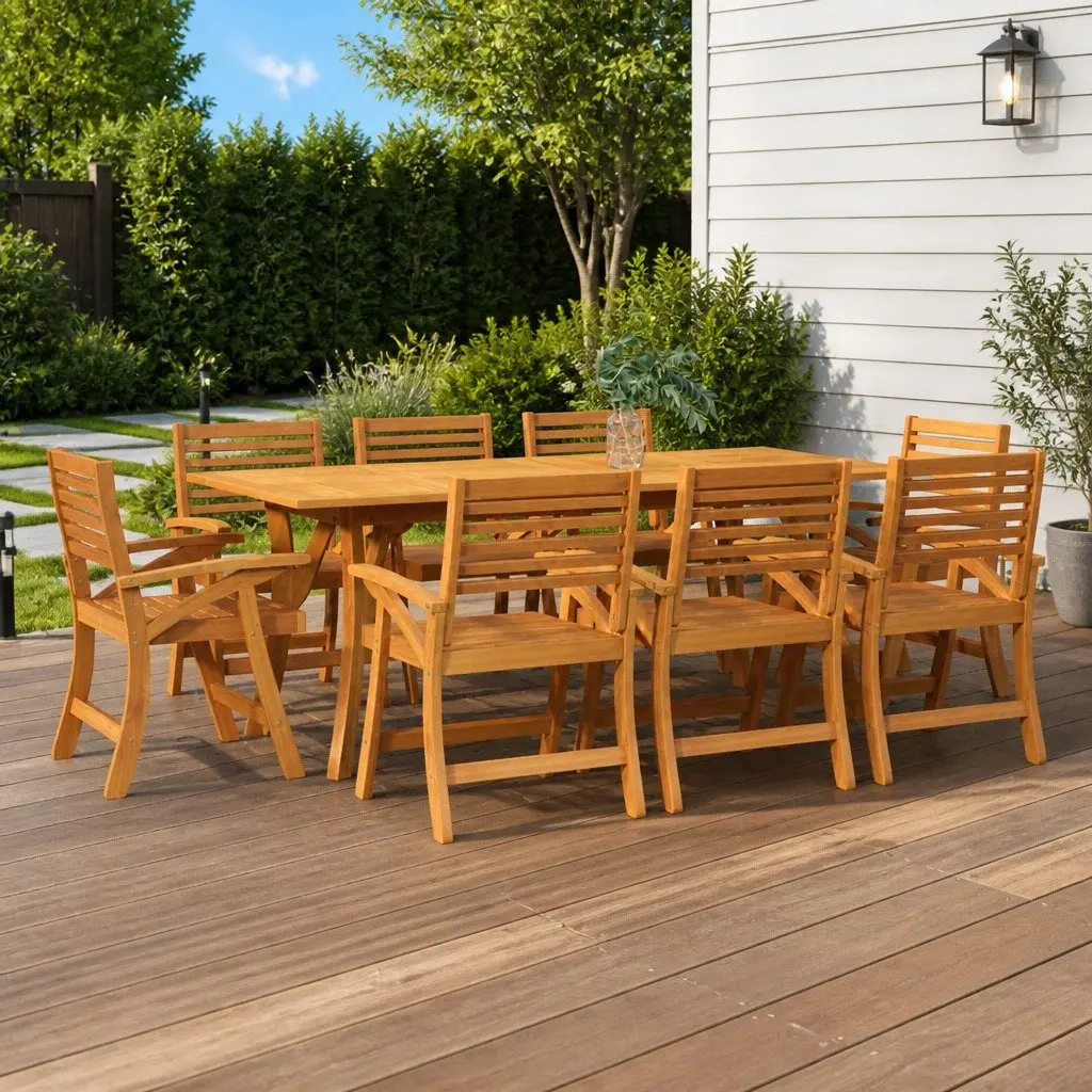 Garden Dining Set Solid Acacia Wood 9 Piece Outdoor Furniture Brown