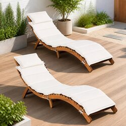 Sun Loungers Set of 2 with Cushions Foldable Acacia Wood Garden Patio Lounger