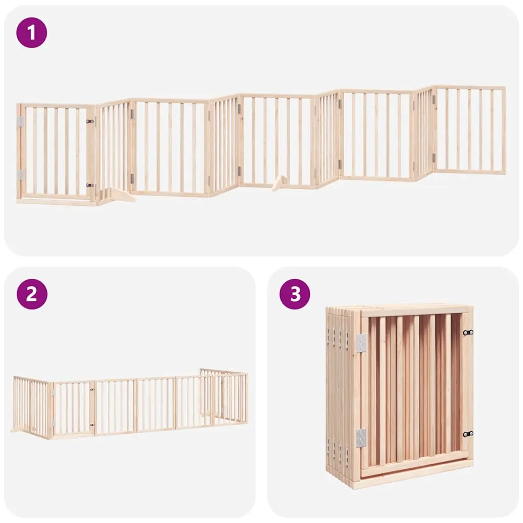 Foldable Dog Gate with Door 9 Panels 450cm Brown Poplar Wood Pet Safety Barrier