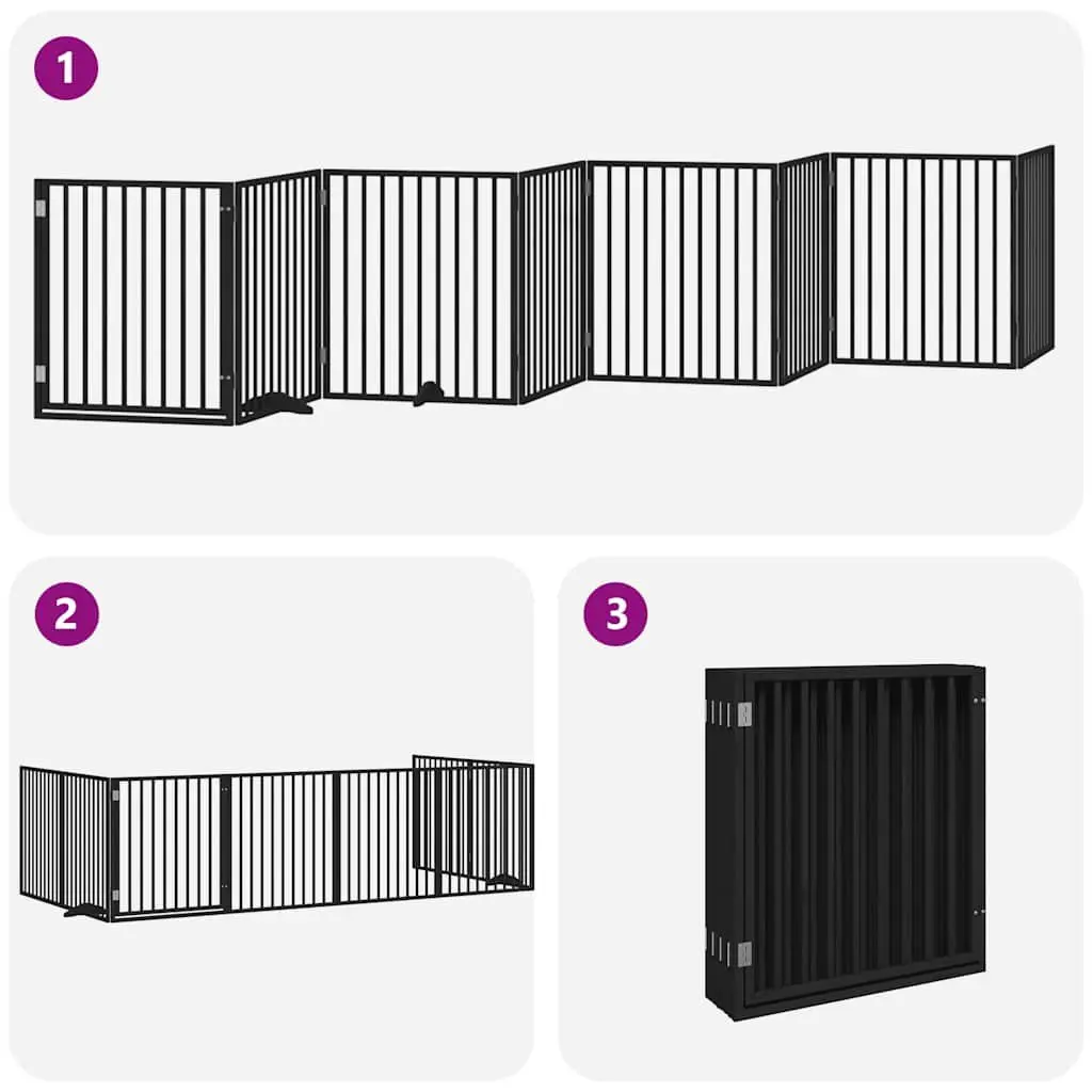 Dog Gate with Door Foldable 8 Panels Black 640cm Poplar Wood Pet Pen Barrier