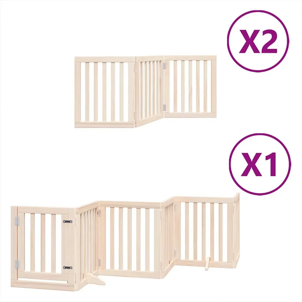 Foldable Dog Gate 12 Panels 600cm Brown Poplar Wood Pet Barrier with Door