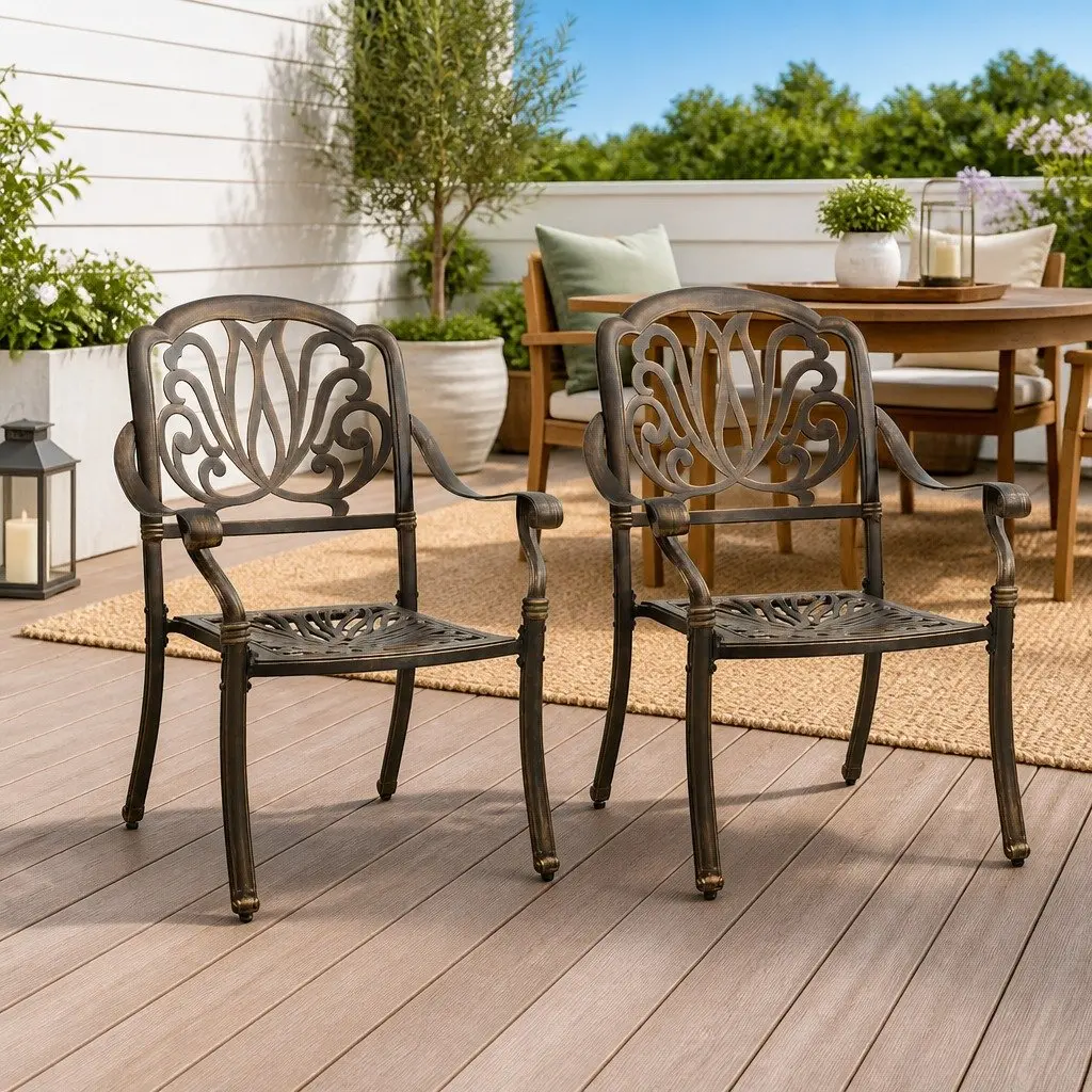Cast Aluminium Outdoor Dining Chairs Brown Set of 2 Weather Resistant Seating
