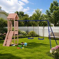 Welcome Fun with Our Wooden Playset Featuring Swings and Sandbox