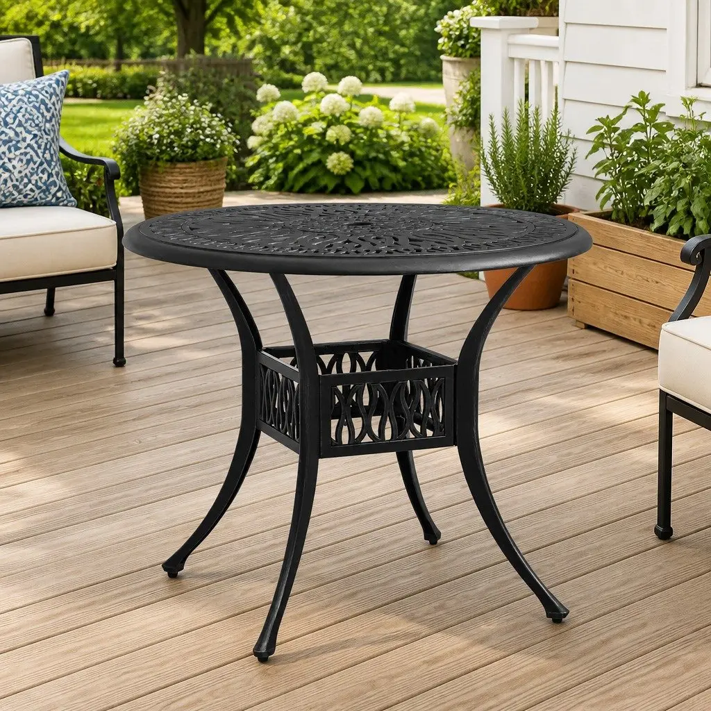 Square Black Cast Aluminium Garden Table with Umbrella Hole Outdoor Patio Furniture 90x90x74cm