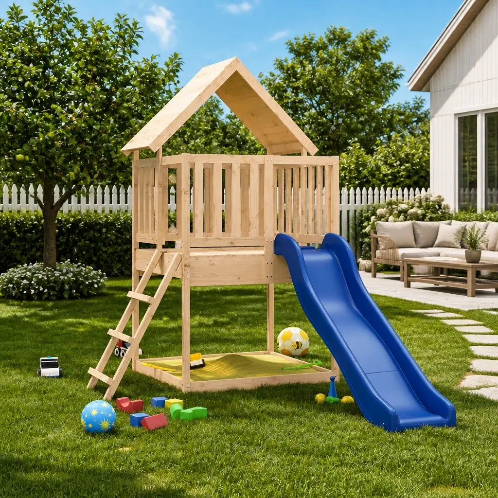 Wooden Outdoor Playset Climbing Frame with Wave Slide and Sandbox 90 cm Platform
