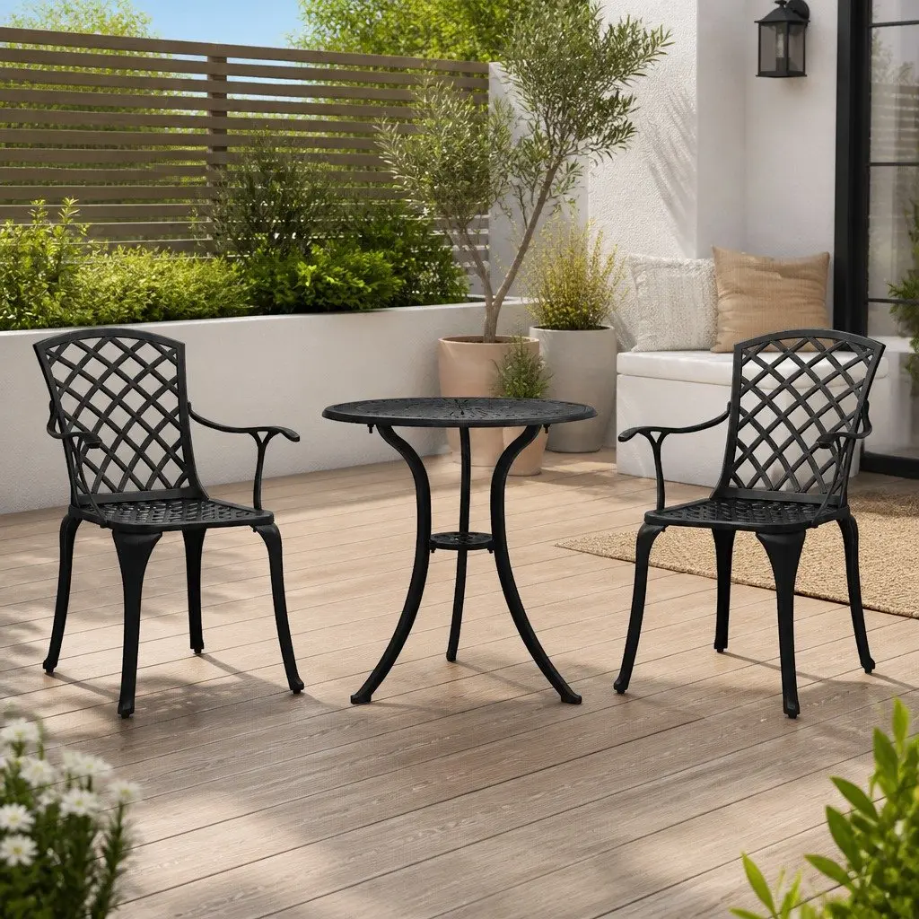 Bistro Set Cast Aluminium Black 3 Piece Outdoor Garden Furniture