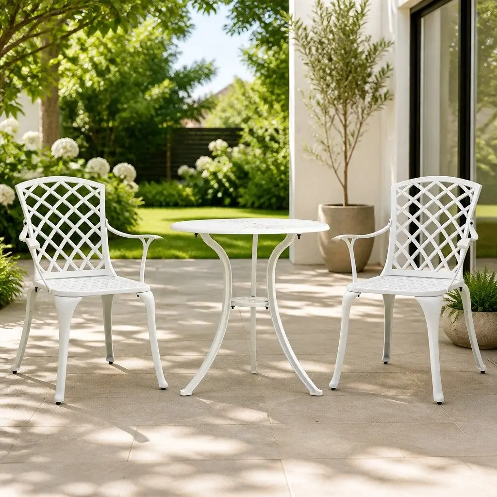 Bistro Set Cast Aluminium Outdoor Furniture White 3 Piece