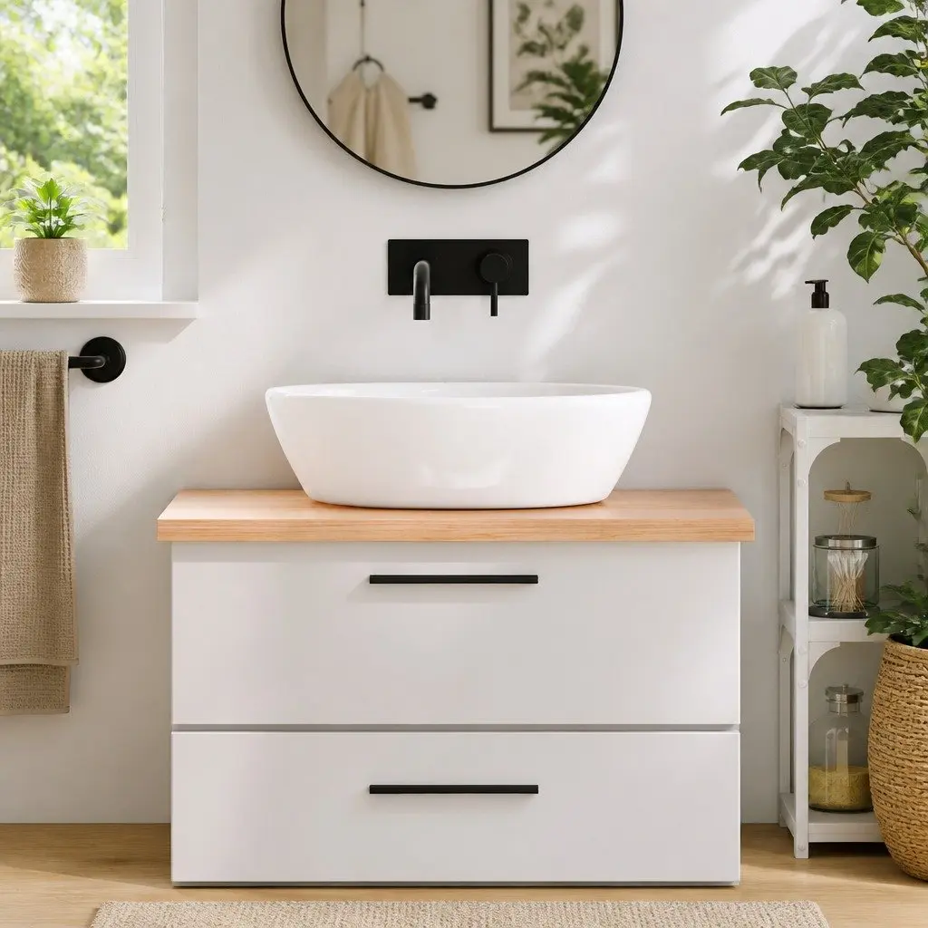 Bathroom Countertop Solid Oak Wood Live Edge 80x60cm Varnished
