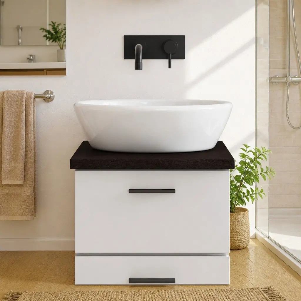 Bathroom Countertop Solid Oak Wood Handmade Live Edge 40x60x4cm Dark Treated Surface