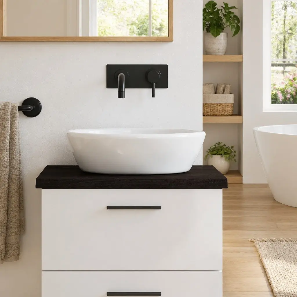Bathroom Countertop Solid Oak Wood Dark Brown Treated Handmade Live Edge 60x60x4cm
