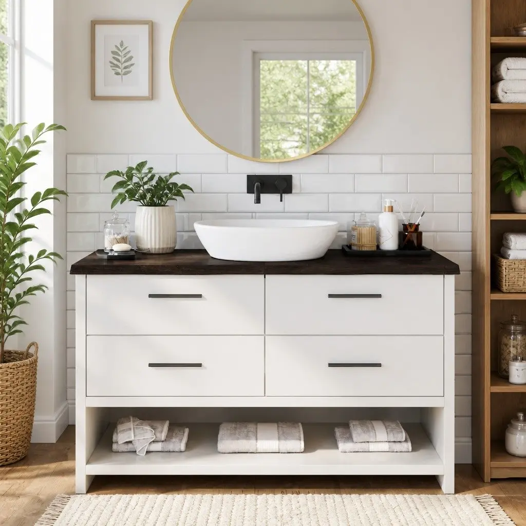 Bathroom Countertop Solid Oak Wood Dark Brown 140x40cm Handmade Live Edge