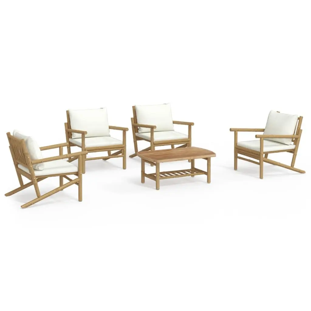 Garden Lounge Set 5 Piece Bamboo Outdoor Furniture with Cream Cushions Brown