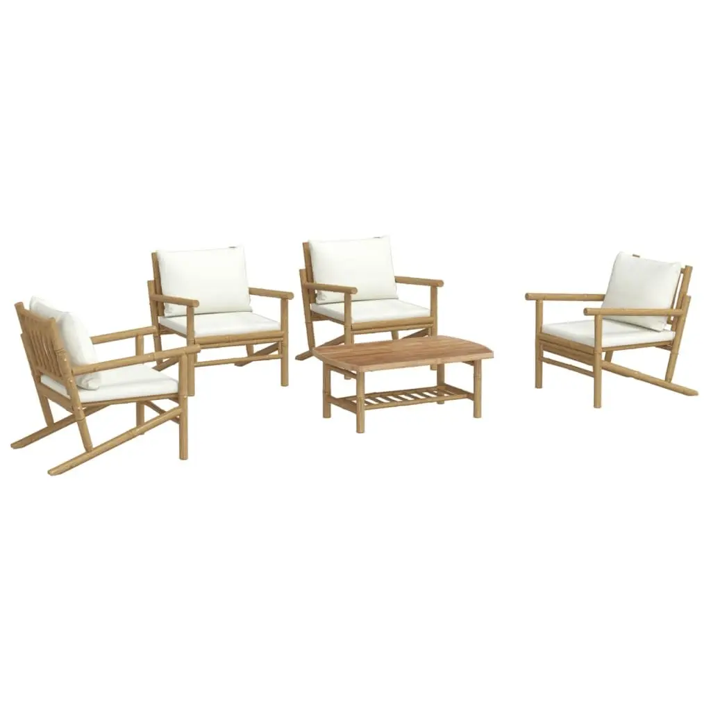Garden Lounge Set 5 Piece Bamboo Outdoor Furniture with Cream Cushions Brown