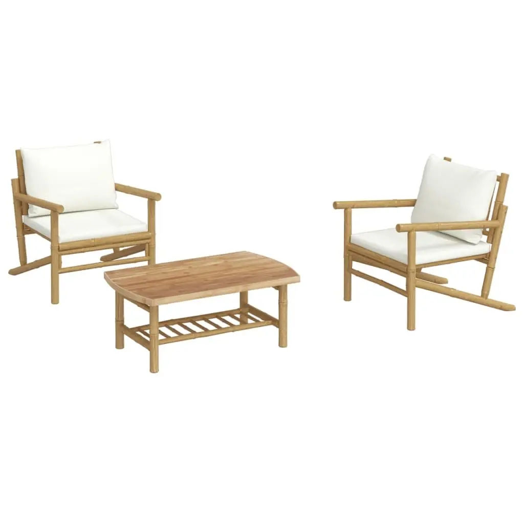 3 Piece Bamboo Garden Lounge Set Outdoor Furniture with Cream Cushions