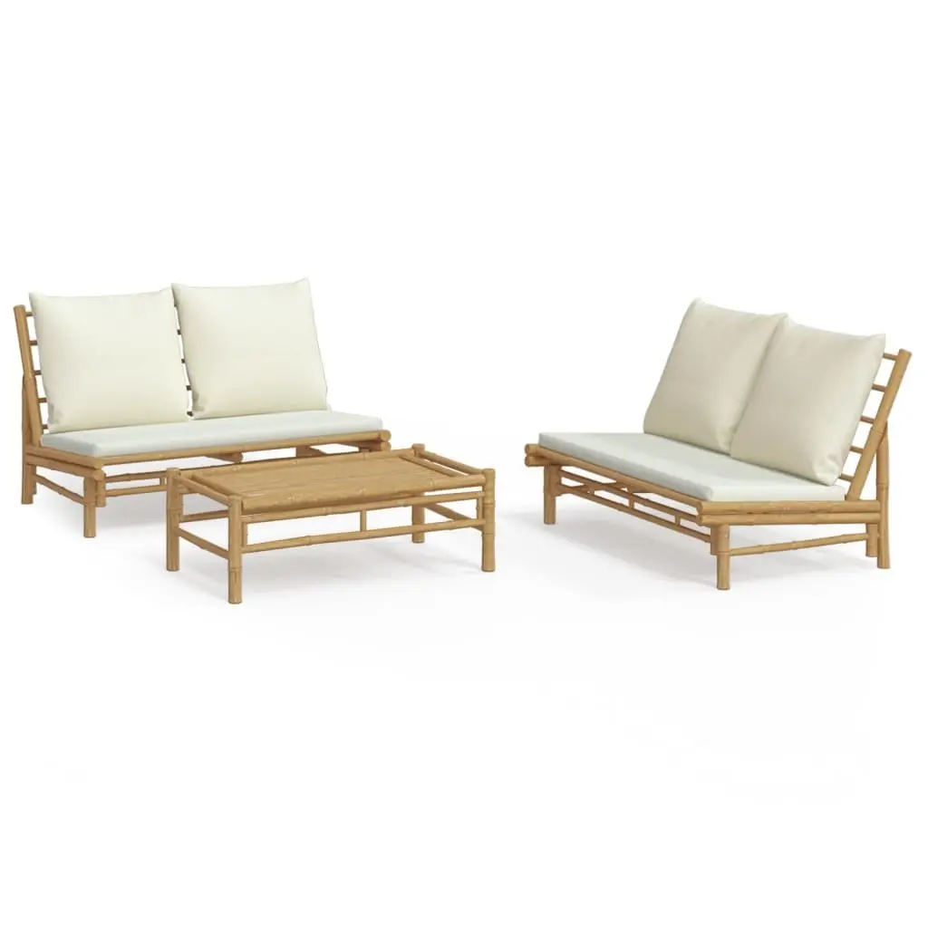 3 Piece Outdoor Bamboo Lounge Set with Brown Frame and Cream Cushions for Garden or Patio