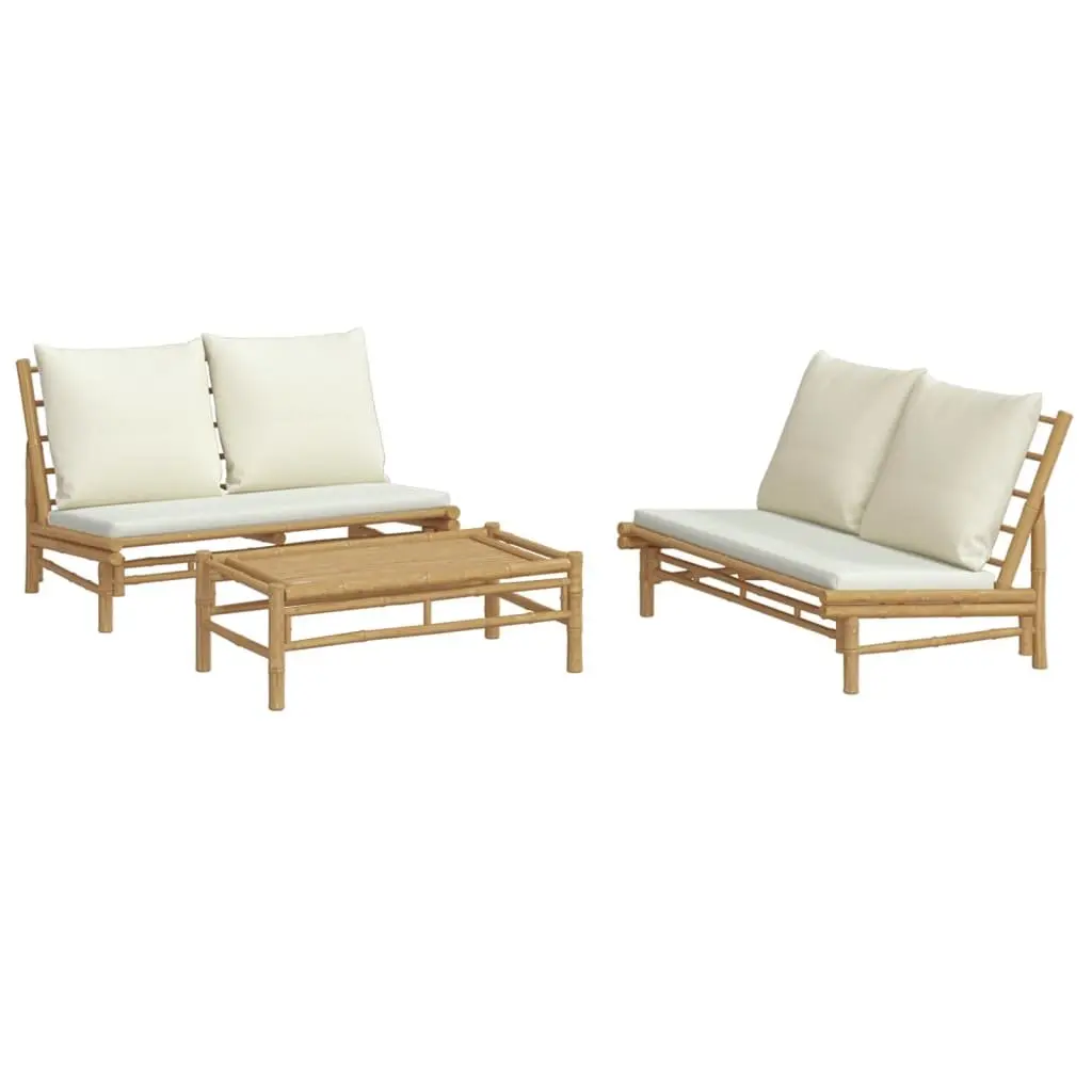 3 Piece Outdoor Bamboo Lounge Set with Brown Frame and Cream Cushions for Garden or Patio