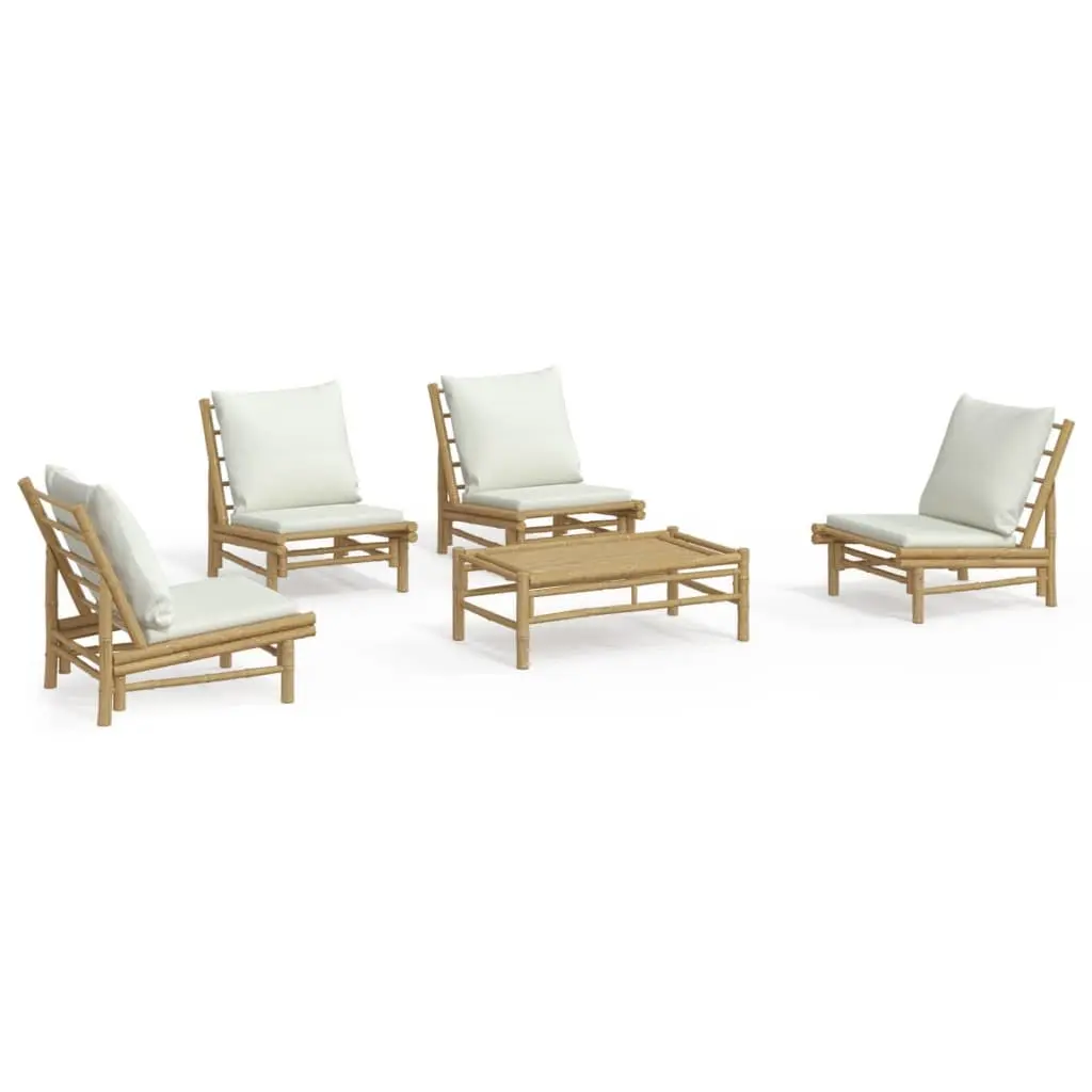 5 Piece Outdoor Garden Lounge Set Bamboo Furniture with Cream White Cushions