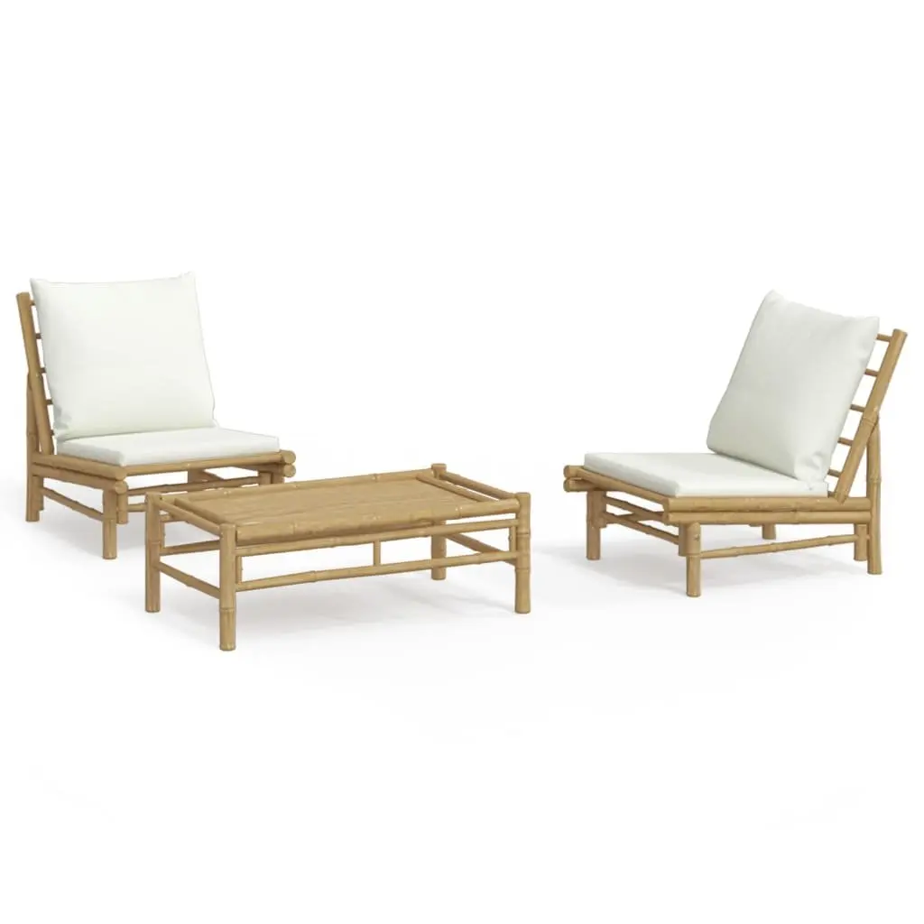 Garden Lounge Set 3 Piece Bamboo Outdoor Furniture with Cream Cushions