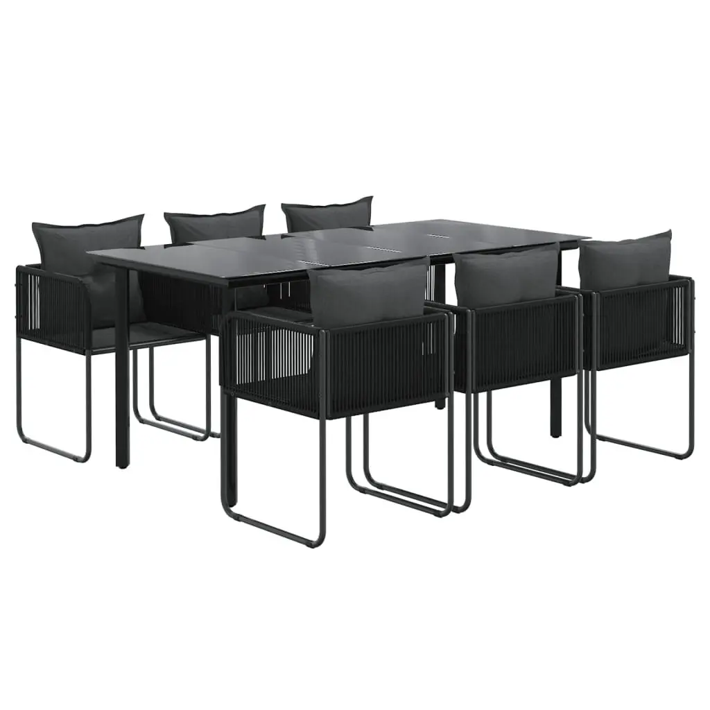 7 Piece Garden Dining Set Black Rattan Glass Table and Chairs