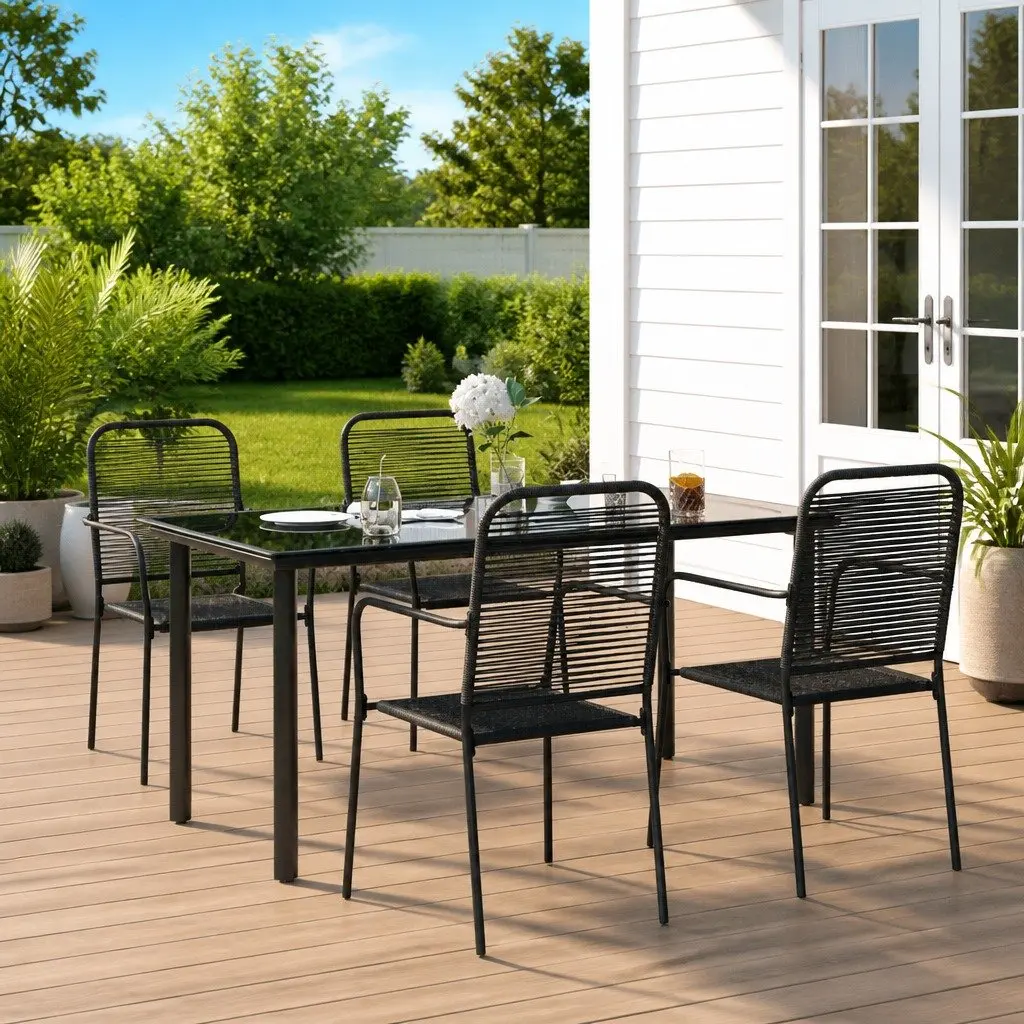 Outdoor Dining Set Cotton Rope Steel 5 Piece Black