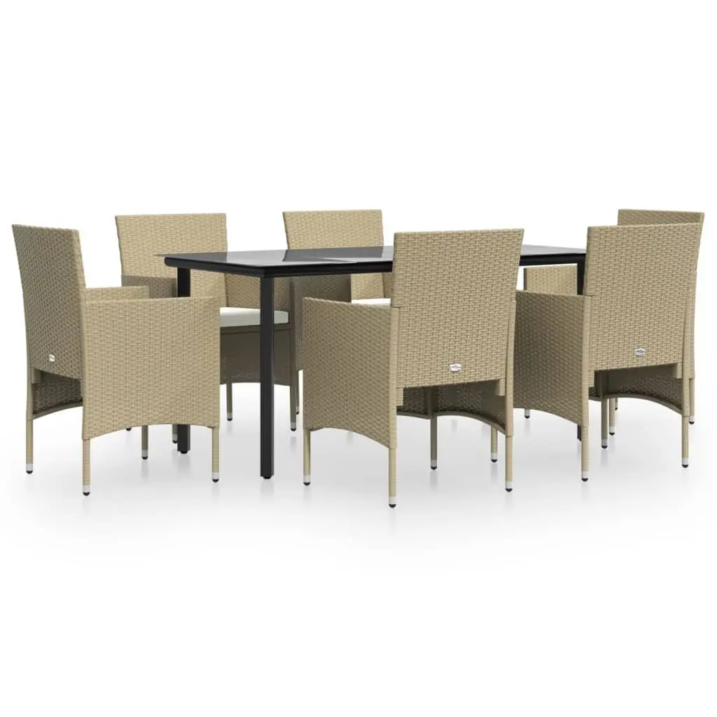 7 Piece Outdoor Dining Set Weather-Resistant PE Rattan Powder-Coated Steel Frame Beige Cushions