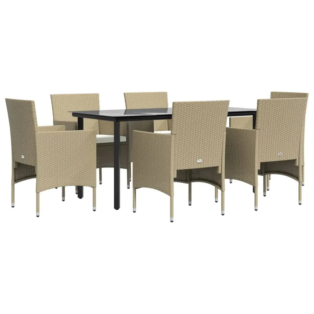 7 Piece Outdoor Dining Set Weather-Resistant PE Rattan Powder-Coated Steel Frame Beige Cushions