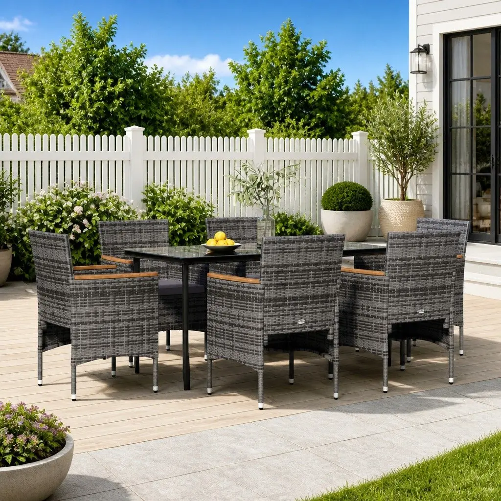 Garden Dining Set 7 Piece Weather-Resistant Outdoor Furniture with Cushions Grey Black