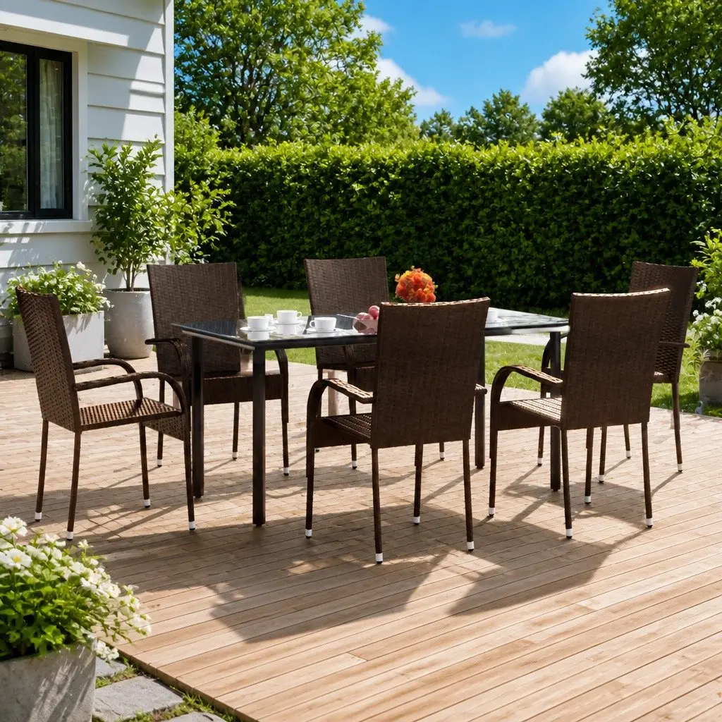Garden Dining Set 7 Piece Brown PE Rattan Outdoor Furniture with Powder-Coated Steel Frame and Tempered Glass Tabletop