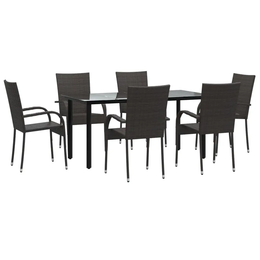 Garden Dining Set 7 Piece Brown PE Rattan Outdoor Furniture with Powder-Coated Steel Frame and Tempered Glass Tabletop