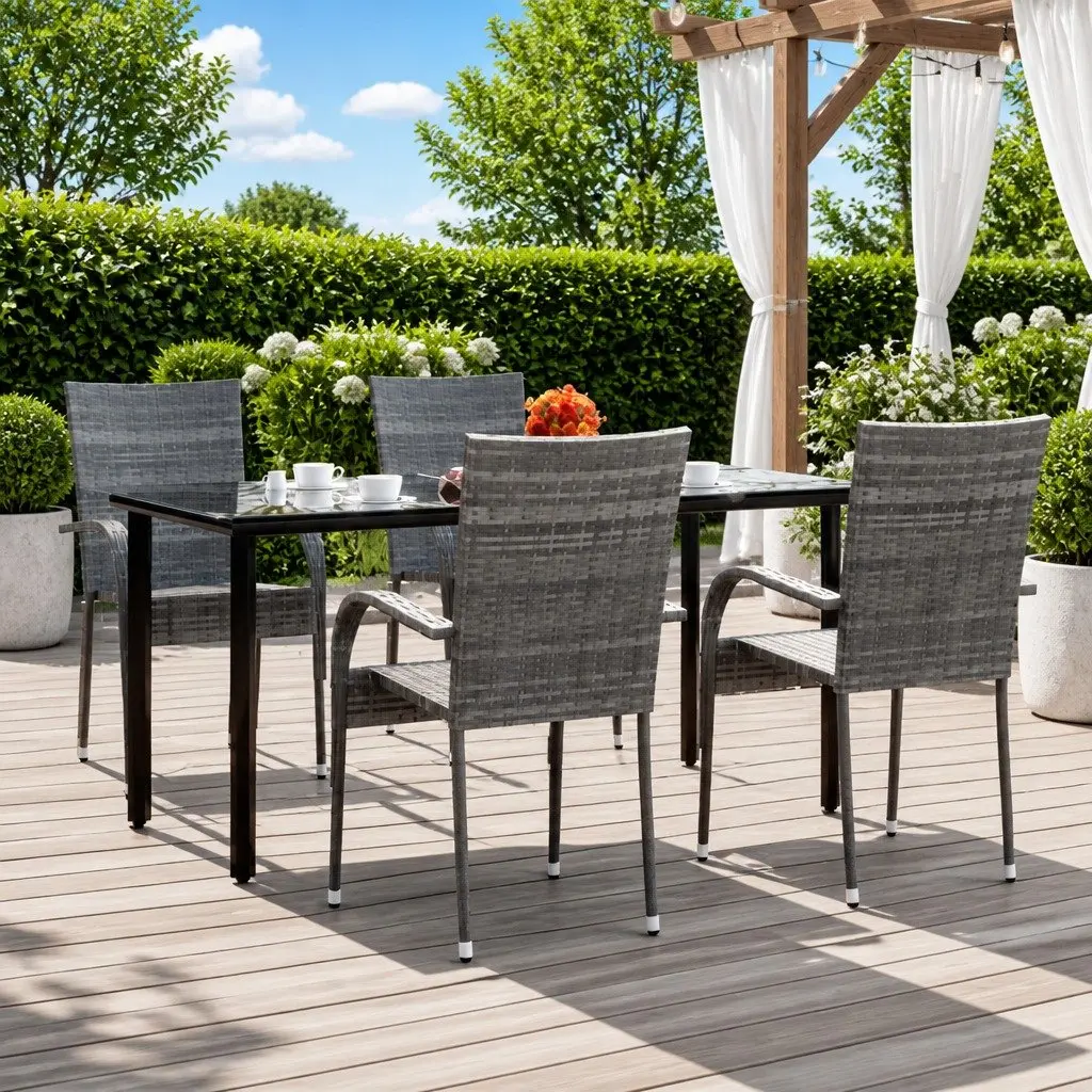 5 Piece Garden Dining Set Grey PE Rattan Outdoor Furniture with Powder Coated Steel Frame and Tempered Glass Tabletop